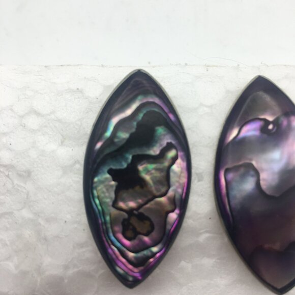 Vintage Alpaca Silver Genuine Purple Abalone Leaf Shape Stud Earrings Mexico 1" - Picture 5 of 12